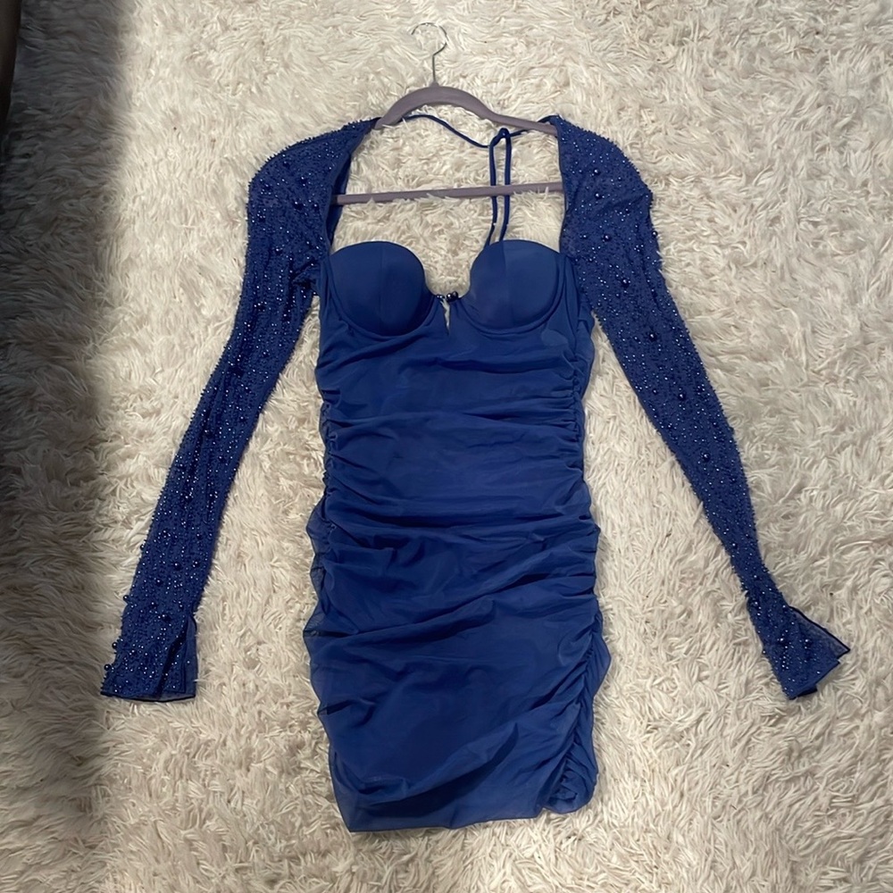 Oh Polly Blue Ruched Bodycon Dress with Bishop Sleeves